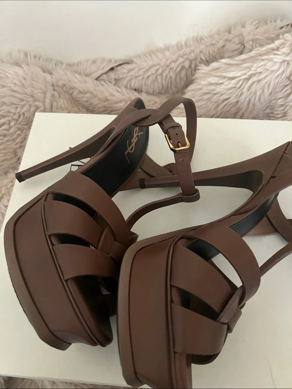 Yves Saint Laurent Brown Leather Knotted Platform Heels with Gold Logo - Picture 6 of 8